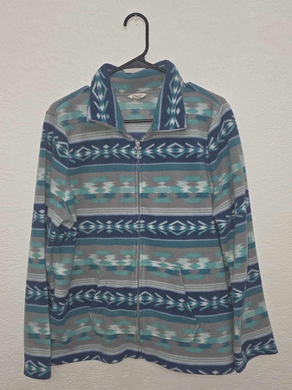 Aztec Pattern Zip Up Fleece Jacket in Teal, Navy & Gray XL Sonoma